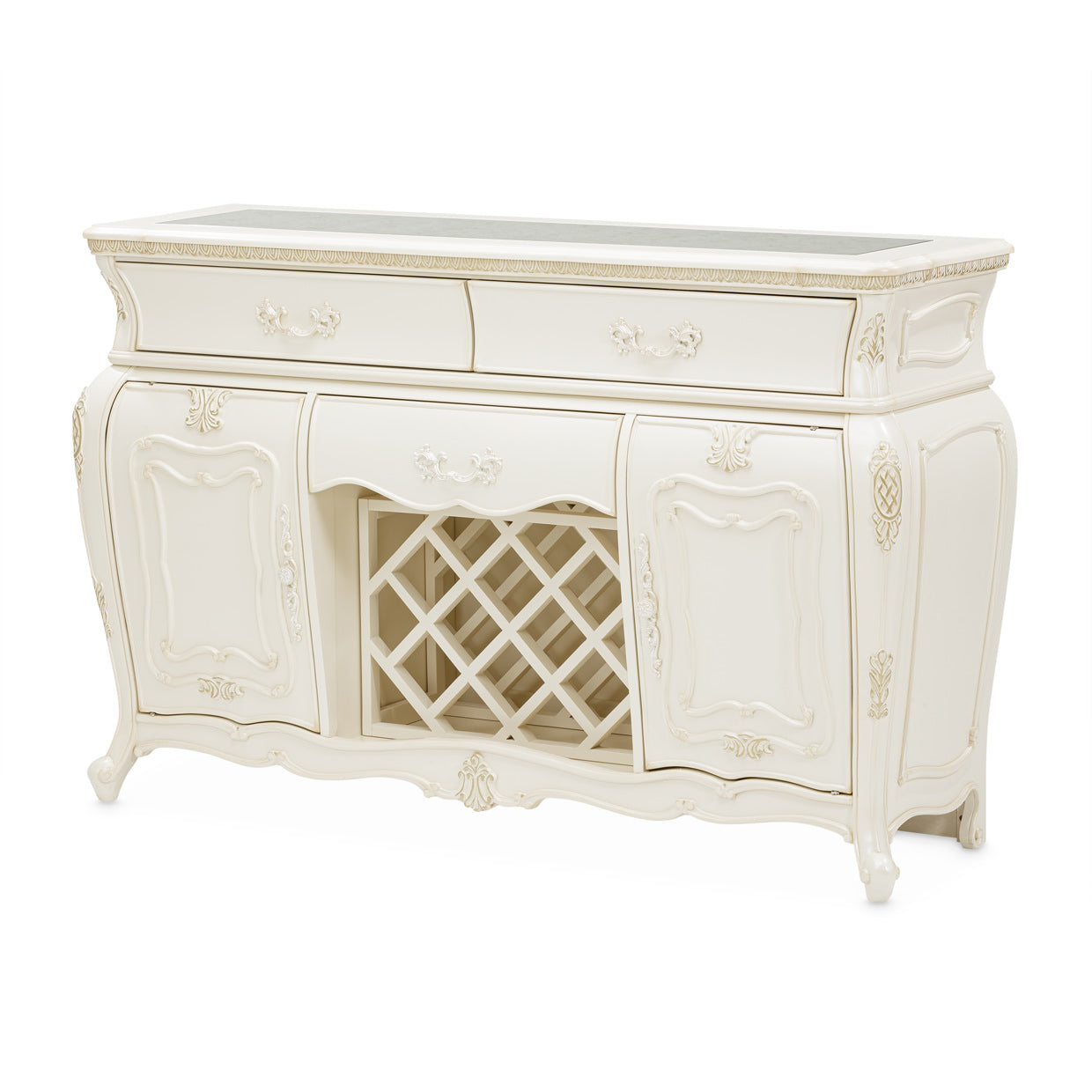 Lavelle-Classic Pearl, Lavelle Sideboard, classic pearl finish, four drawers, elegant, functional, addition, home, classic aesthetic, timeless, pearl finish, decor style, ample storage space, table linens, silverware, dining essentials, precision-crafted, smooth glides, sturdy construction, long-lasting.