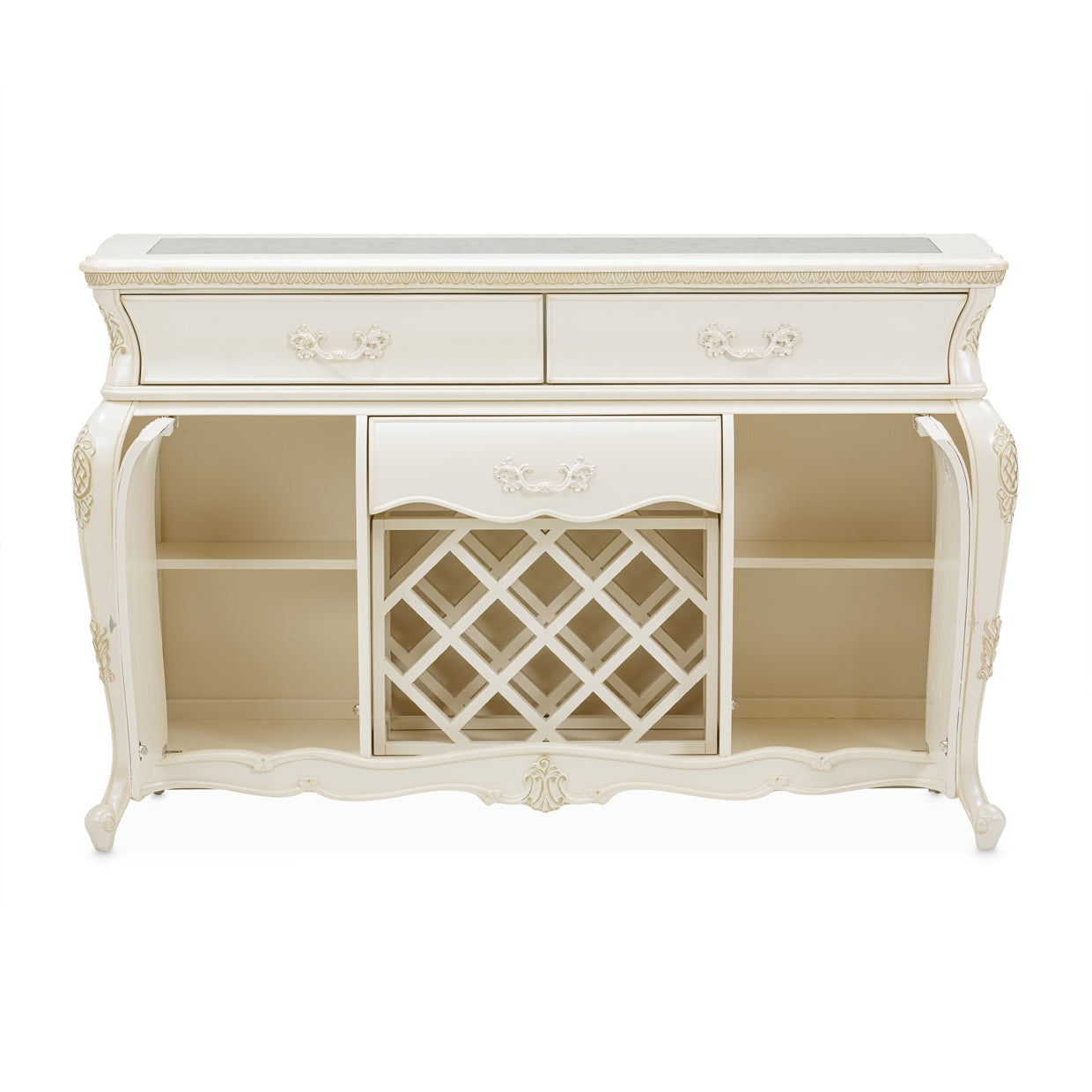 Lavelle-Classic Pearl, Lavelle Sideboard, classic pearl finish, four drawers, elegant, functional, addition, home, classic aesthetic, timeless, pearl finish, decor style, ample storage space, table linens, silverware, dining essentials, precision-crafted, smooth glides, sturdy construction, long-lasting.