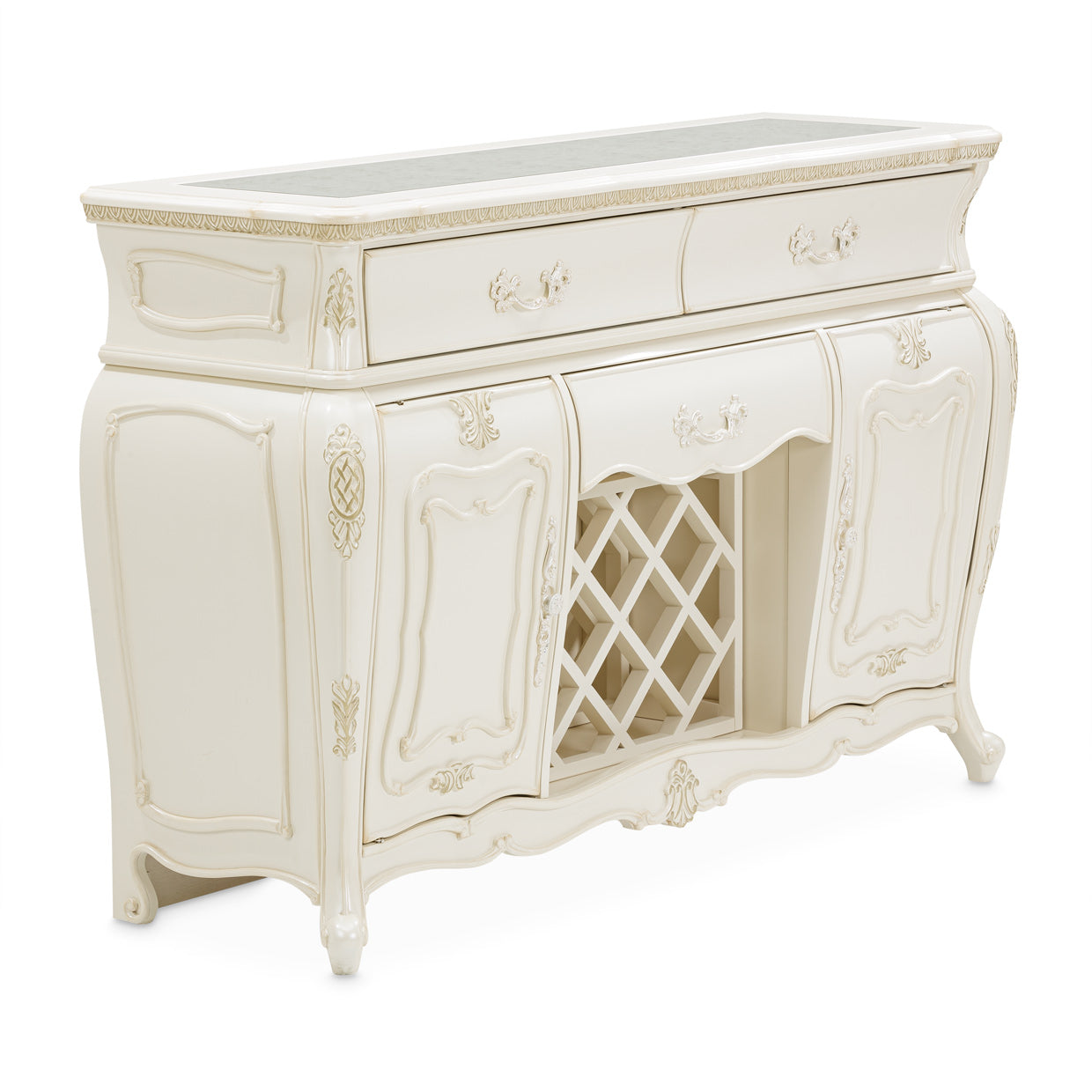 Lavelle-Classic Pearl, Lavelle Sideboard, classic pearl finish, four drawers, elegant, functional, addition, home, classic aesthetic, timeless, pearl finish, decor style, ample storage space, table linens, silverware, dining essentials, precision-crafted, smooth glides, sturdy construction, long-lasting.