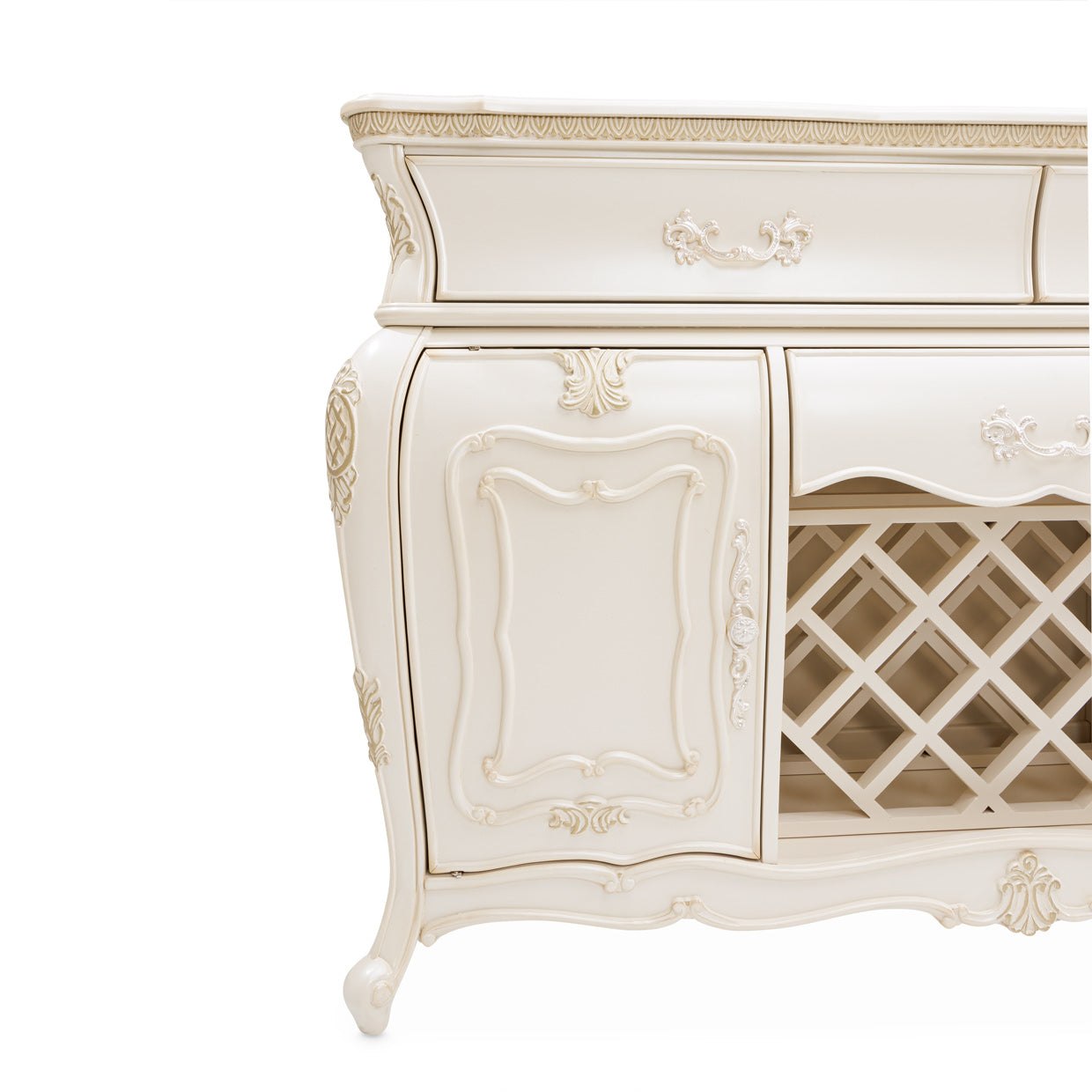 Lavelle-Classic Pearl, Lavelle Sideboard, classic pearl finish, four drawers, elegant, functional, addition, home, classic aesthetic, timeless, pearl finish, decor style, ample storage space, table linens, silverware, dining essentials, precision-crafted, smooth glides, sturdy construction, long-lasting.