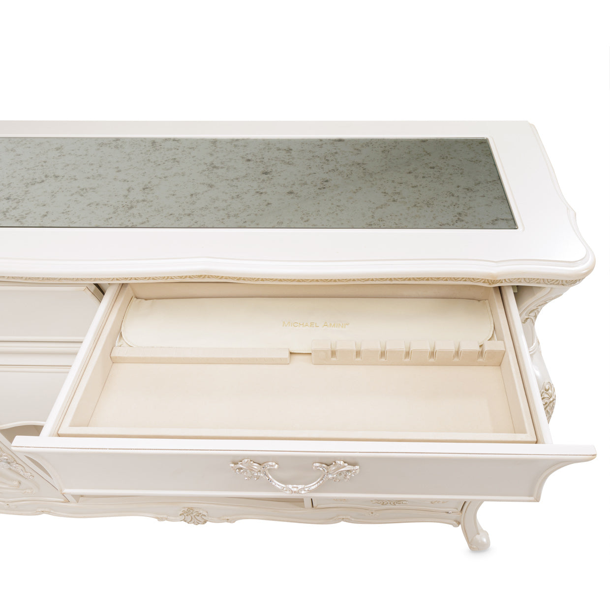 Lavelle-Classic Pearl, Lavelle Sideboard, classic pearl finish, four drawers, elegant, functional, addition, home, classic aesthetic, timeless, pearl finish, decor style, ample storage space, table linens, silverware, dining essentials, precision-crafted, smooth glides, sturdy construction, long-lasting.