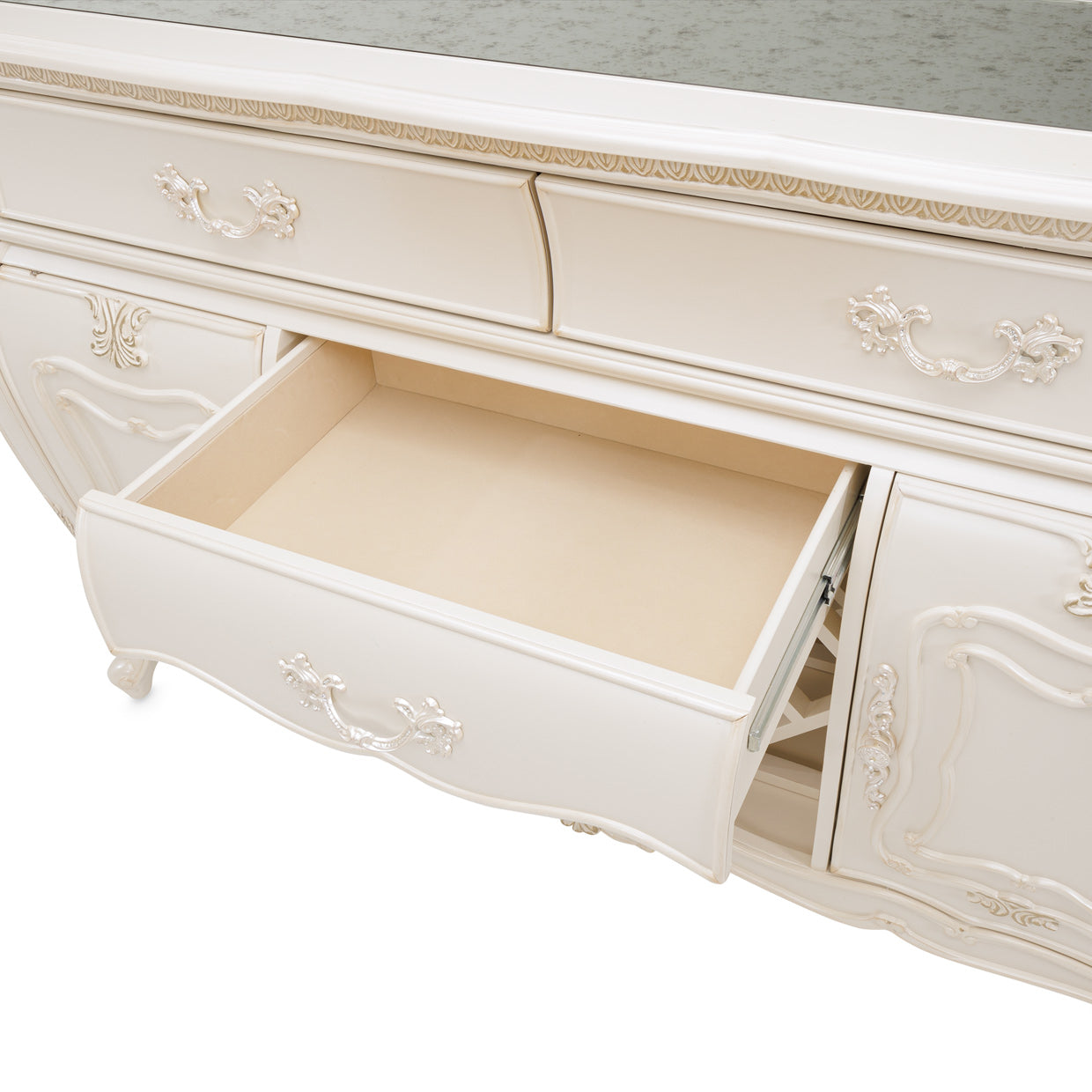 Lavelle-Classic Pearl, Lavelle Sideboard, classic pearl finish, four drawers, elegant, functional, addition, home, classic aesthetic, timeless, pearl finish, decor style, ample storage space, table linens, silverware, dining essentials, precision-crafted, smooth glides, sturdy construction, long-lasting.