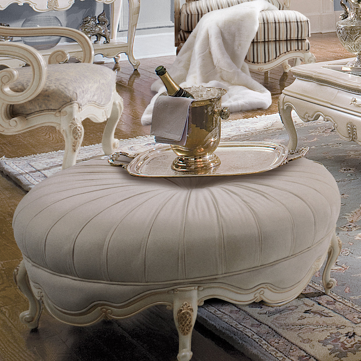 Lavelle-Classic Pearl, Lavelle Rnd Cocktail Ottoman, Ivory, classic style, Round Cocktail Ottoman, footrest, accent seat, impromptu table, seating area, pleated top, gracefully curved feet, moulding, applique details, dramatic statement piece, Michael Amini, Round Velvet Ottoman, dream art, michael amini