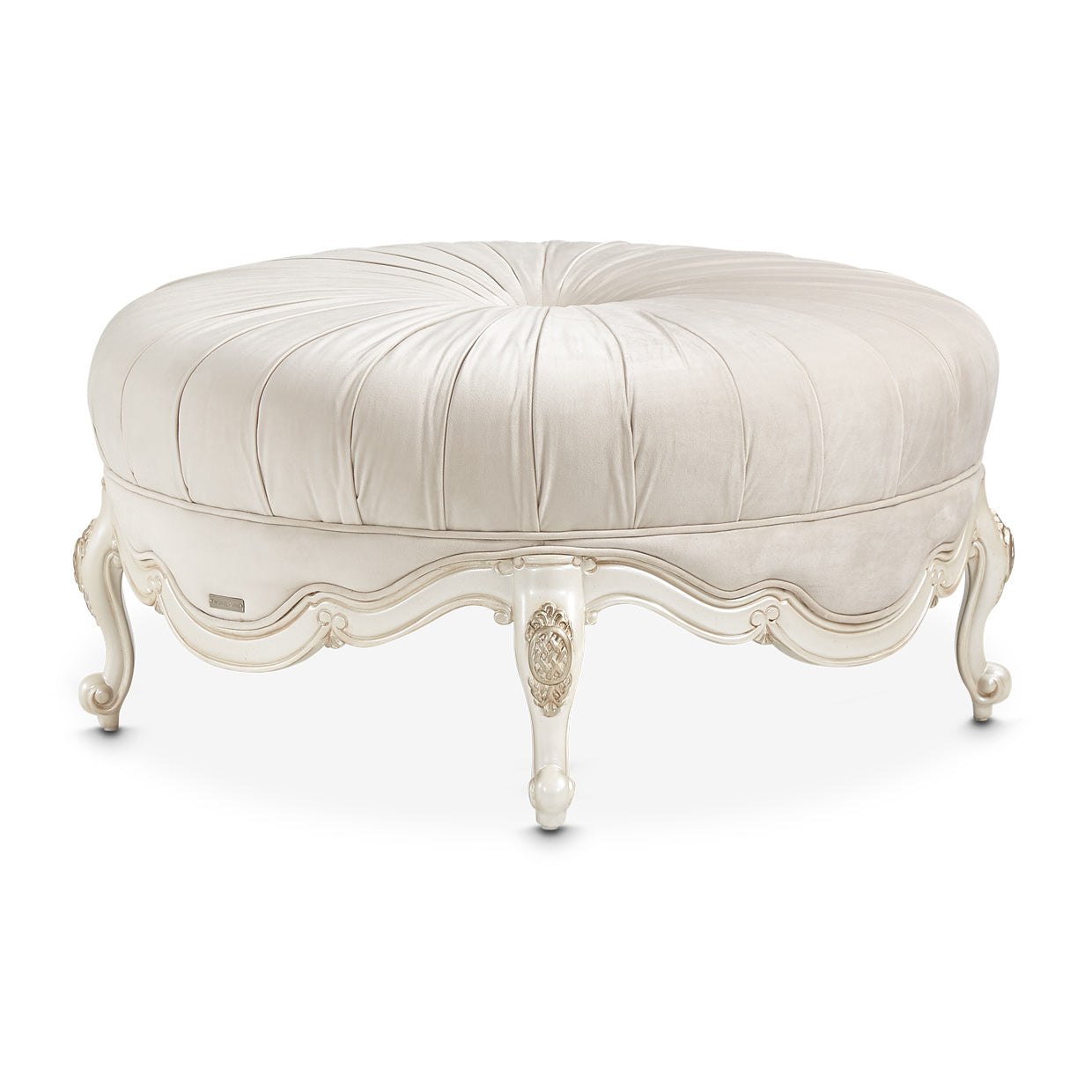 Lavelle-Classic Pearl, Lavelle Rnd Cocktail Ottoman, Ivory, classic style, Round Cocktail Ottoman, footrest, accent seat, impromptu table, seating area, pleated top, gracefully curved feet, moulding, applique details, dramatic statement piece, Michael Amini, Round Velvet Ottoman, dream art, michael amini