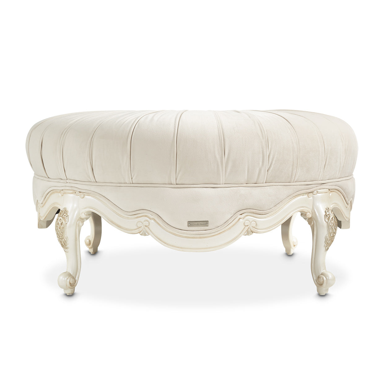 Lavelle-Classic Pearl, Lavelle Rnd Cocktail Ottoman, Ivory, classic style, Round Cocktail Ottoman, footrest, accent seat, impromptu table, seating area, pleated top, gracefully curved feet, moulding, applique details, dramatic statement piece, Michael Amini, Round Velvet Ottoman, dream art, michael amini