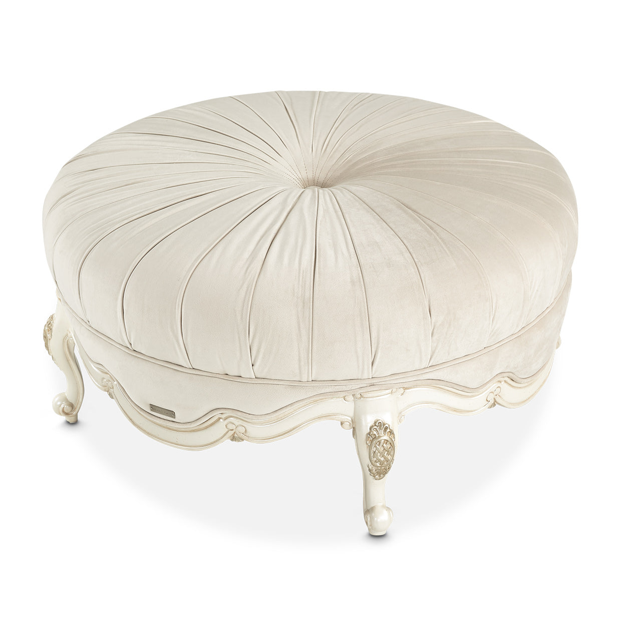 Lavelle-Classic Pearl, Lavelle Rnd Cocktail Ottoman, Ivory, classic style, Round Cocktail Ottoman, footrest, accent seat, impromptu table, seating area, pleated top, gracefully curved feet, moulding, applique details, dramatic statement piece, Michael Amini, Round Velvet Ottoman, dream art, michael amini