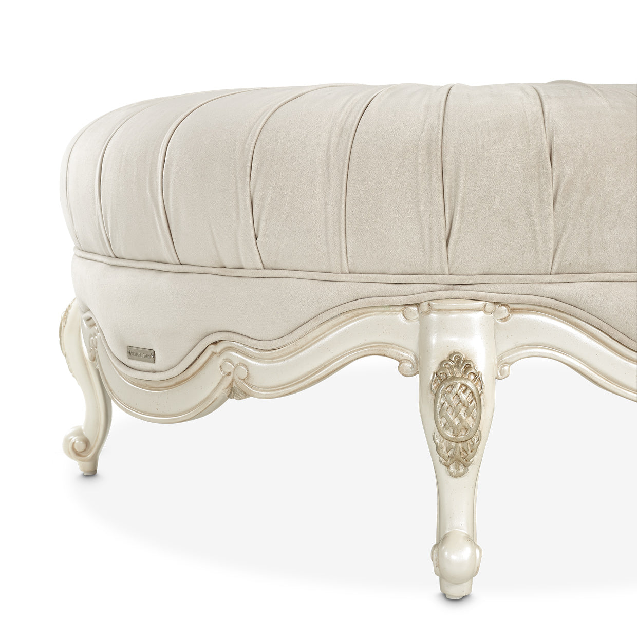 Lavelle-Classic Pearl, Lavelle Rnd Cocktail Ottoman, Ivory, classic style, Round Cocktail Ottoman, footrest, accent seat, impromptu table, seating area, pleated top, gracefully curved feet, moulding, applique details, dramatic statement piece, Michael Amini, Round Velvet Ottoman, dream art, michael amini